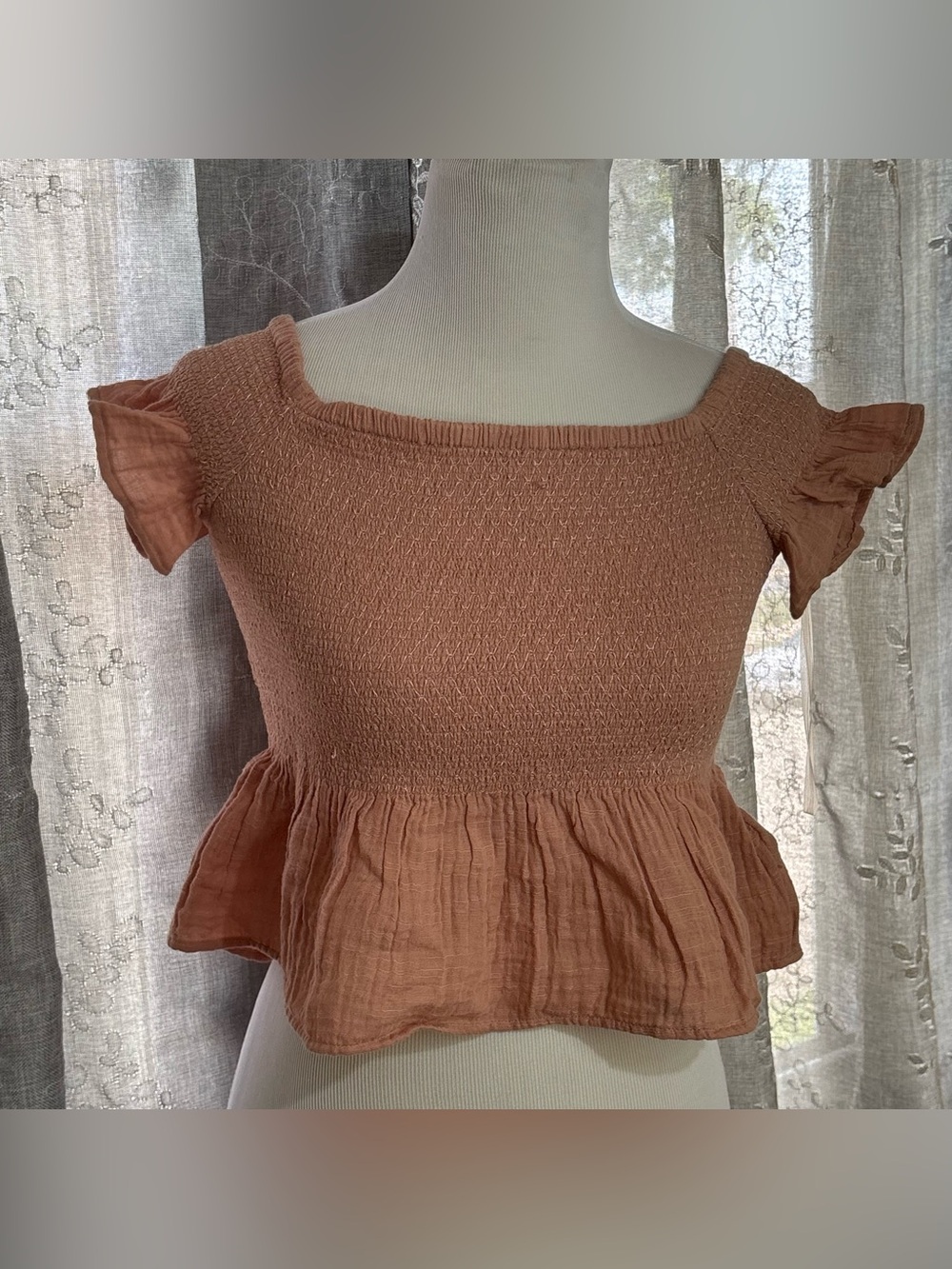 American Eagle Outfitters Rust-Peach Smocked Peplum Crop Top
